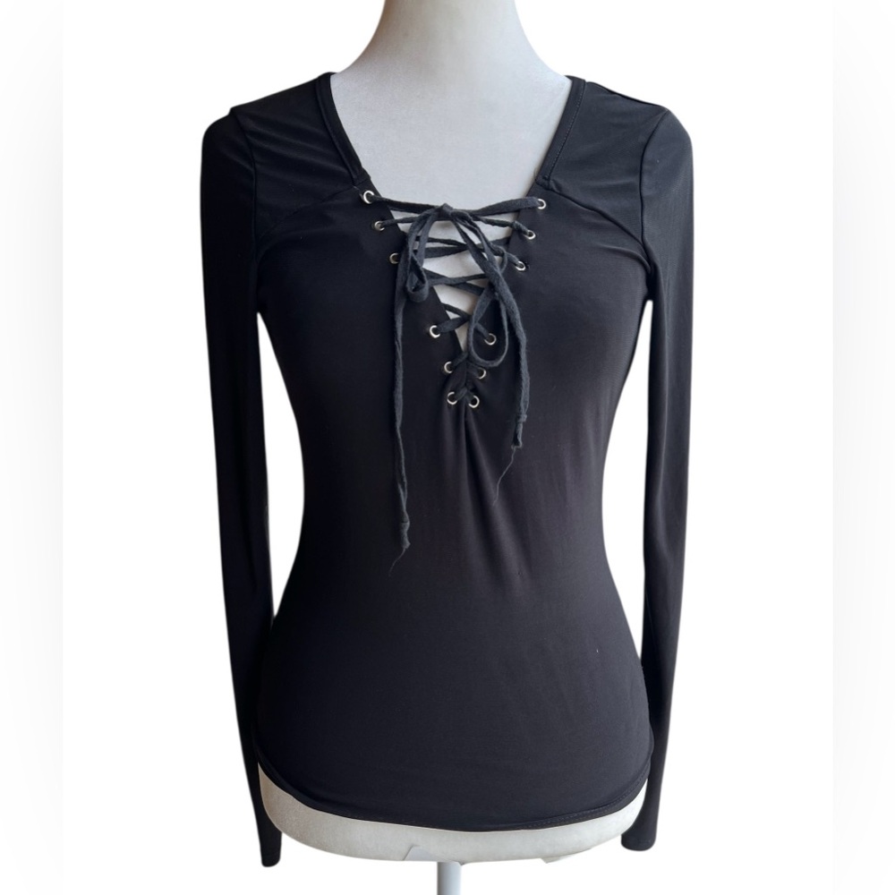 VTG CONTEMPO CASUALS Y2K Lace Up Long Sleeved Black 2000s Top Whimsigoth Stretch - Picture 1 of 10